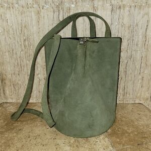 Unique Olive Structured Suede Pinched Bucket Shoulder Bag